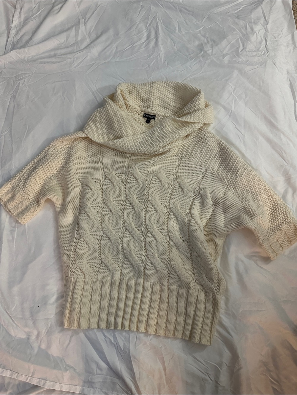 Express Cream Cable Cowl-Neck Short Sleeve Sweater